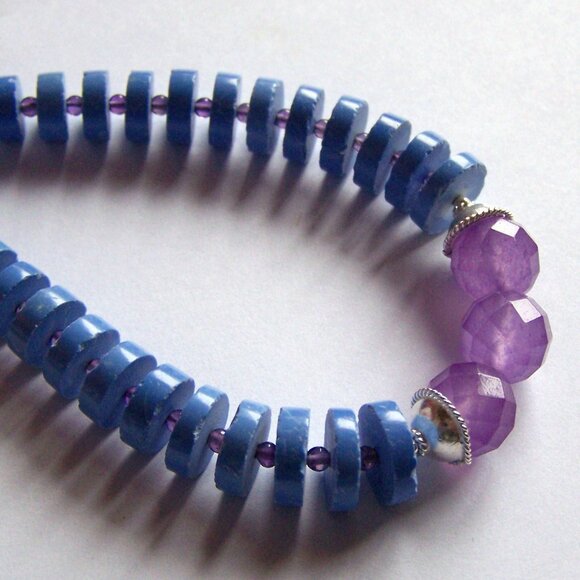 Sterling Silver MAGNESITE AMETHYST CHALCEDONY Necklace Heishi Choker Adjustable - Picture 6 of 16